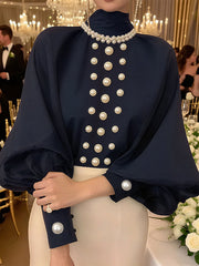Loose Puff Sleeves Solid Color High Neck Blouses&Shirts Tops