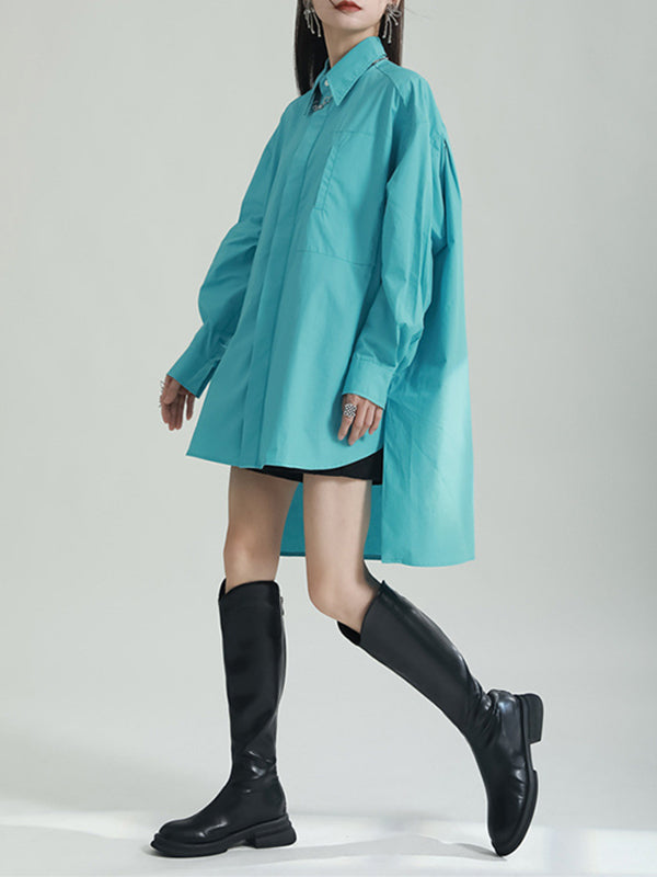 Solid Color Split-side High-low Irregular clipping Lapel Shirts Tops