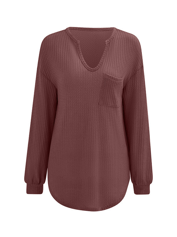 Pockets Solid Color Long Sleeves Loose V-Neck T-Shirts Tops