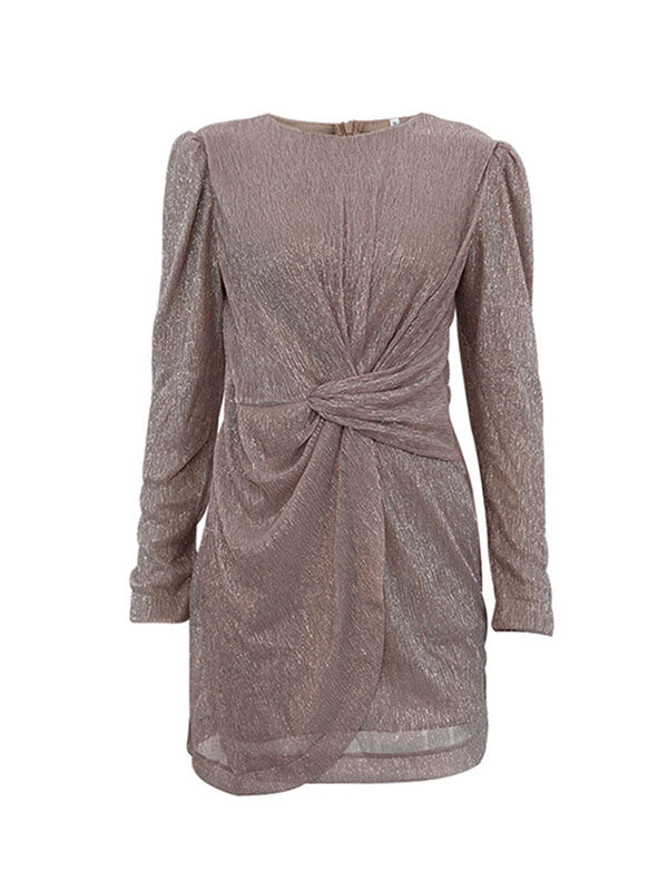 Knot Shiny Solid Color Zipper Bodycon High Waisted Round-Neck Mini Dresses