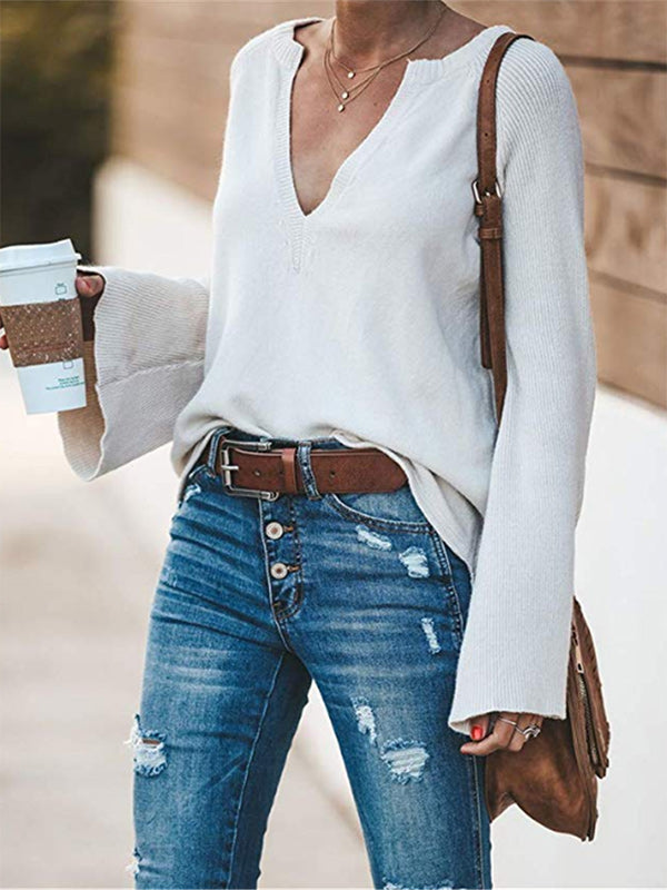 Casual Long Sleeves Loose Solid Color V-Neck Sweater Tops