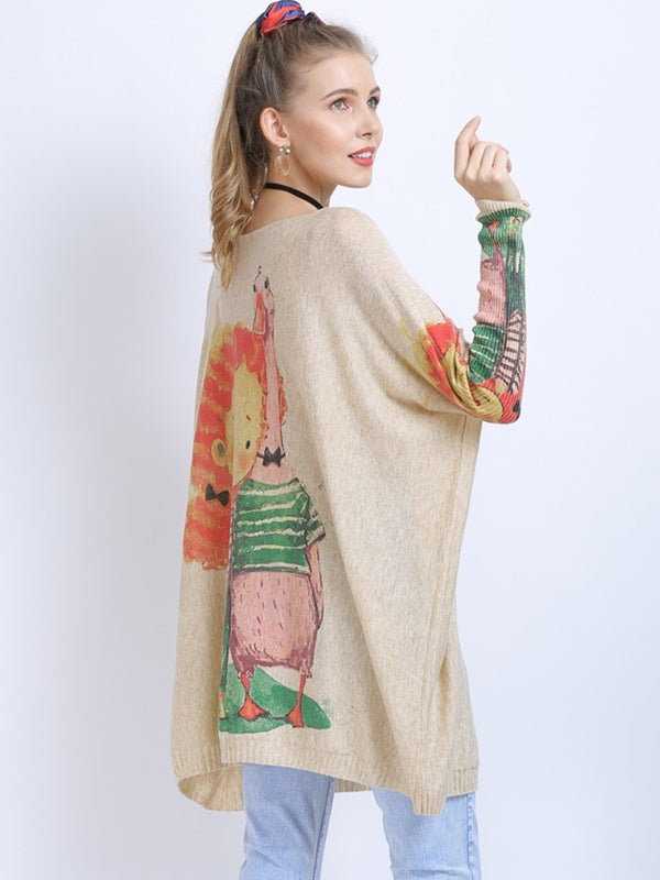 Urban Loose Batwing Sleeves Cartoon Printed Pullover