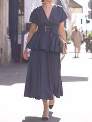 Buckle High-Waisted Solid Color Split-Joint False Two Loose Deep V-Neck Midi Dresses