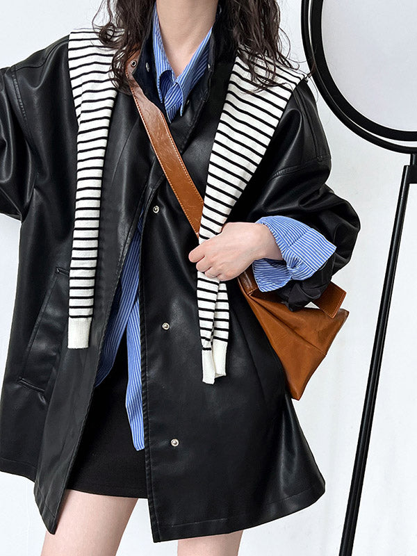Buttoned Pockets Solid Color Long Sleeves Loose Stand Collar Outerwear