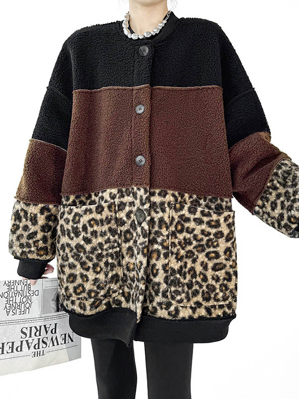 Buttoned Contrast Color Reversible Split-Joint Long Sleeves Loose Round-Neck Outerwear Cardigan Tops