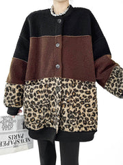 Buttoned Contrast Color Reversible Split-Joint Long Sleeves Loose Round-Neck Outerwear Cardigan Tops