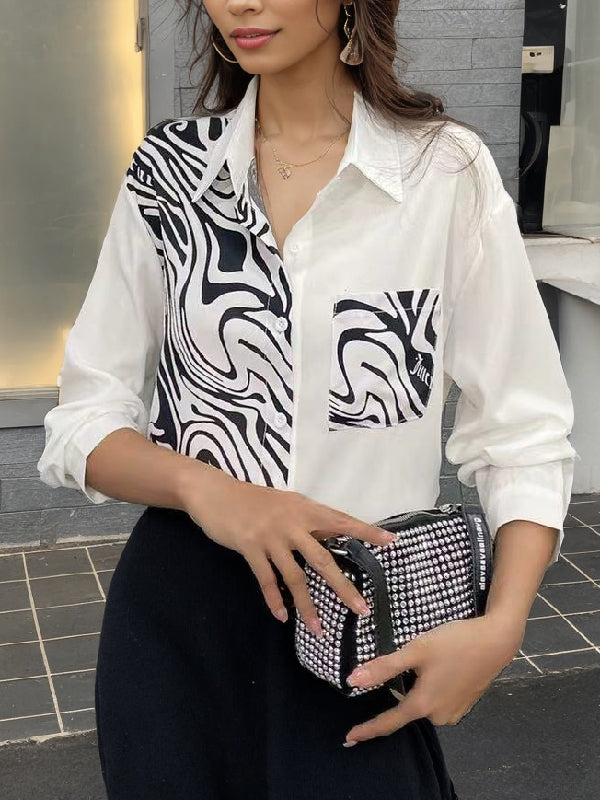Asymmetric Buttoned Zebra-Stripe Long Sleeves Loose Lapel Blouses&Shirts Tops