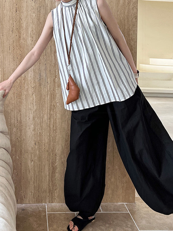 Lace-Up Pleated Split-Joint Streamer Striped Loose Sleeveless Stand Collar Vest Top