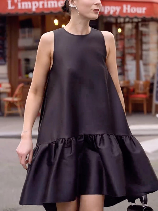 Falbala Solid Color High-Low Loose Round-Neck Midi Dresses