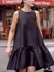 Falbala Solid Color High-Low Loose Round-Neck Midi Dresses