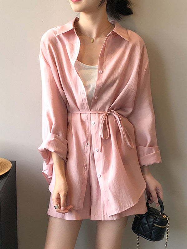 Loose Solid Color Long Sleeves Blouse + Pleated Shorts Two Pieces Set