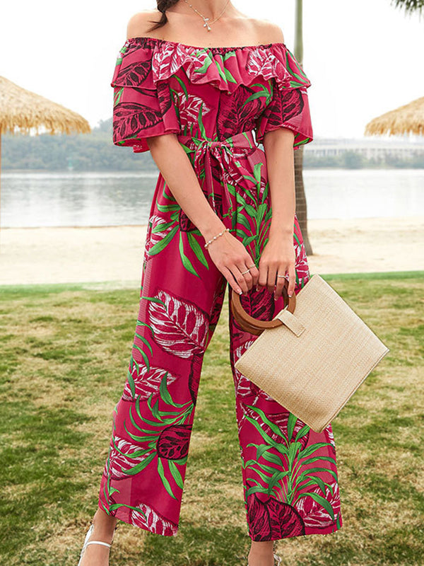 Elasticity Leaves Print Ruffled Tied Waist Half Sleeves Loose Off-The-Shoulder Jumpsuits