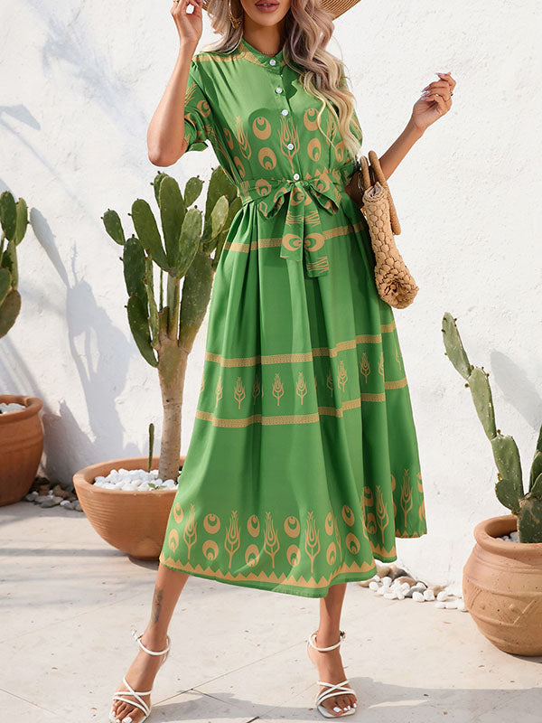 Buttoned Tied Waist A-Line Half Sleeves Lapel Midi Dresses