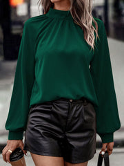 Backless Pleated Solid Color Long Sleeves Loose Mock Neck Blouses&Shirts Tops
