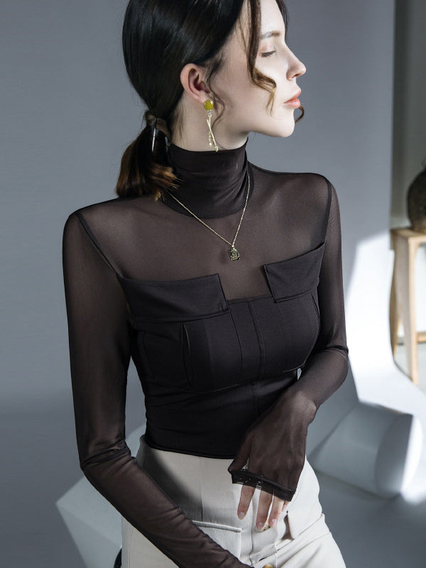 See-Through Solid Color Split-Joint Long Sleeves Skinny High Neck Blouses&Shirts Tops
