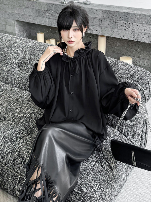 Drawstring Pleated Pullover Design Solid Color Long Sleeves Loose Lace Collar Blouses&Shirts Tops