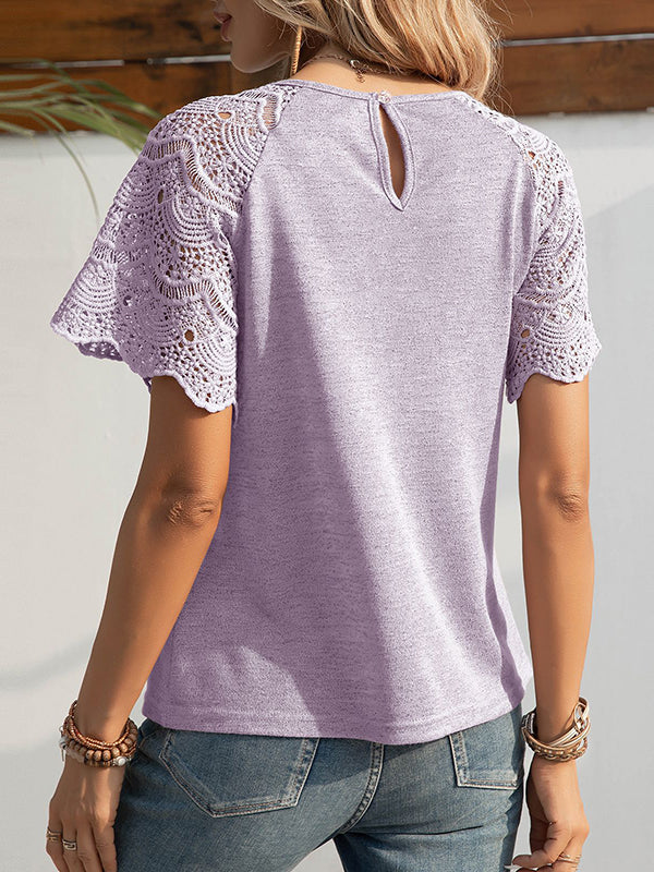 Hollow Solid Color Split-Joint Loose Short Sleeves Round-Neck T-Shirts Tops