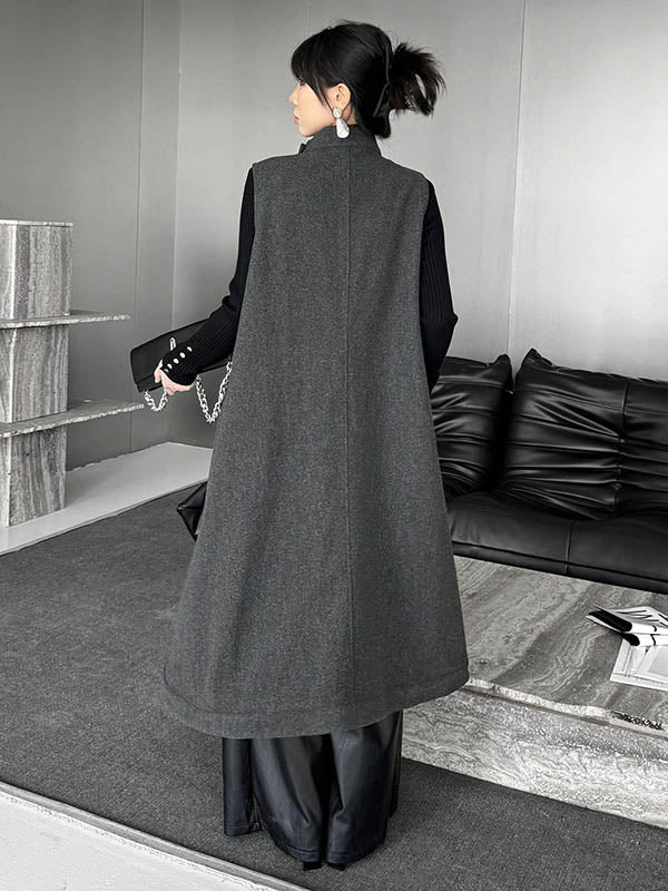 Asymmetric Buttoned Solid Color Split-Joint High-Low Irregularity Stand Collar Padded Vest Outerwear