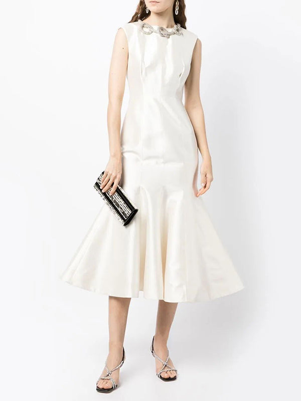 Pleated Solid Color Zipper Bodycon Mermaid Round-Neck Midi Dresses