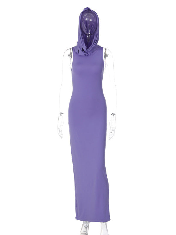 Hooded Solid Color Split-Back Bodycon High Waisted Maxi Dresses