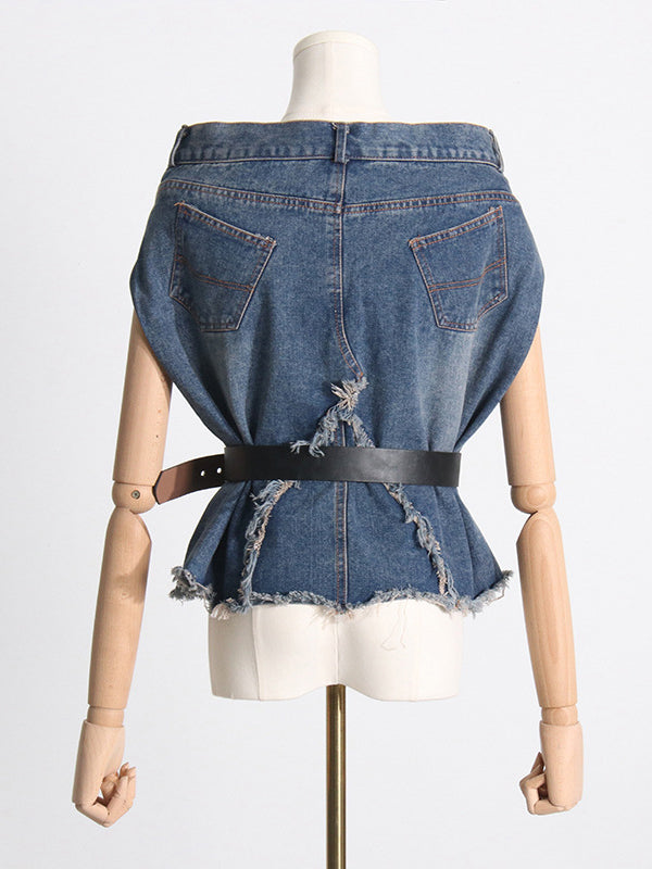 Asymmetric Split-joint Fringed Boat Neck Vest Top+ High Waisted Belted Jeans Bottom Two Pieces Set