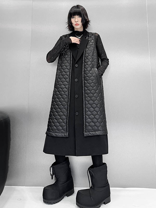 Buttoned Plaid Pockets Solid Color Split-Joint Loose Sleeveless Notched Collar Padded Vest Outerwear