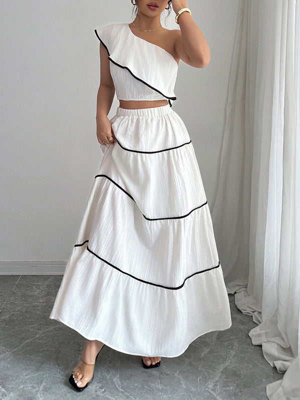 Elasticity Sleeveless Pleated One-Shoulder Vest Top + A-Line Skirts Bottom Two Pieces Set