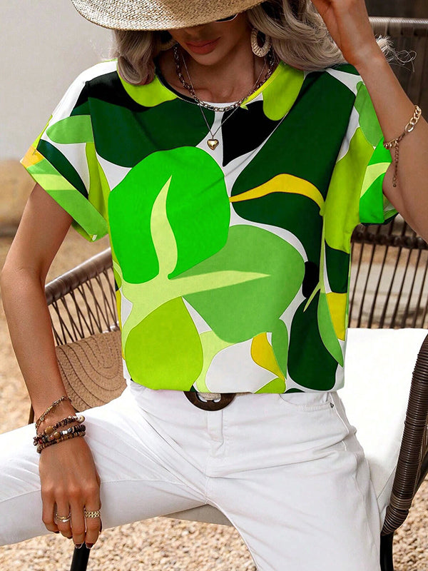 Contrast Color Hollow Printed Split-Joint Loose Short Sleeves Round-neck T-Shirts Tops
