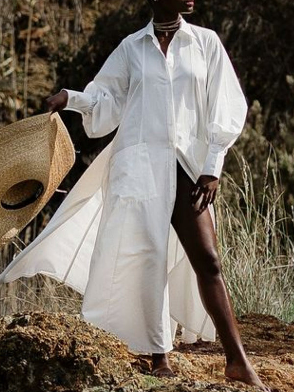 Buttoned Pockets Solid Color Long Sleeves Loose Lapel Shirt Dress Maxi Dresses