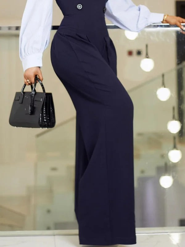 Buttoned Pleated Split-Joint High Waisted Long Sleeves Lapel Jumpsuits