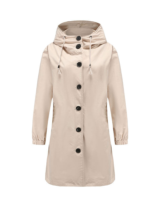 Buttoned Drawstring Elasticity Hooded Pockets Split-Back Waterproof Long Sleeves Loose High-Neck Trench Coats