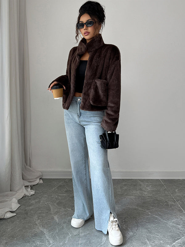 Pockets Solid Color Zipper Long Sleeves Loose Stand Collar Sweater Tops Outerwear