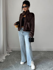 Pockets Solid Color Zipper Long Sleeves Loose Stand Collar Sweater Tops Outerwear