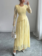 Asymmetric Flower Print Layered See-Through Solid Color Split-Joint A-Line Irregularity Round-Neck Maxi Dresses