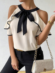 Contrast Color Double Layered Tied Loose Short Sleeves Cold Shoulder Blouses&Shirts Tops