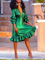 Pleated Ruffled Shiny Solid Color Split-Joint Elasticated Waist High Waisted Deep V-Neck Midi Dresses