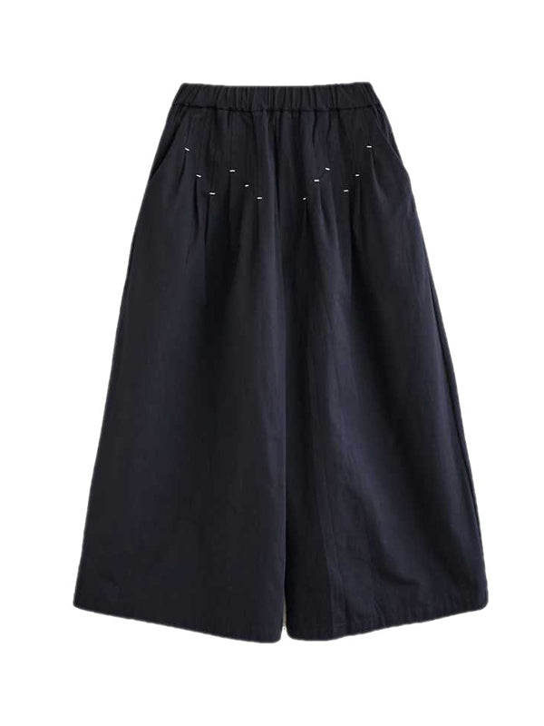 Elasticity Embroidered Pleated Loose Wide Leg Trousers Ninth Pants