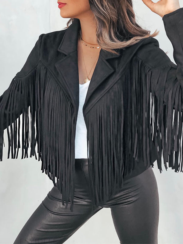 Solid Color Split-Joint Tasseled Long Sleeves Notched Collar Jackets