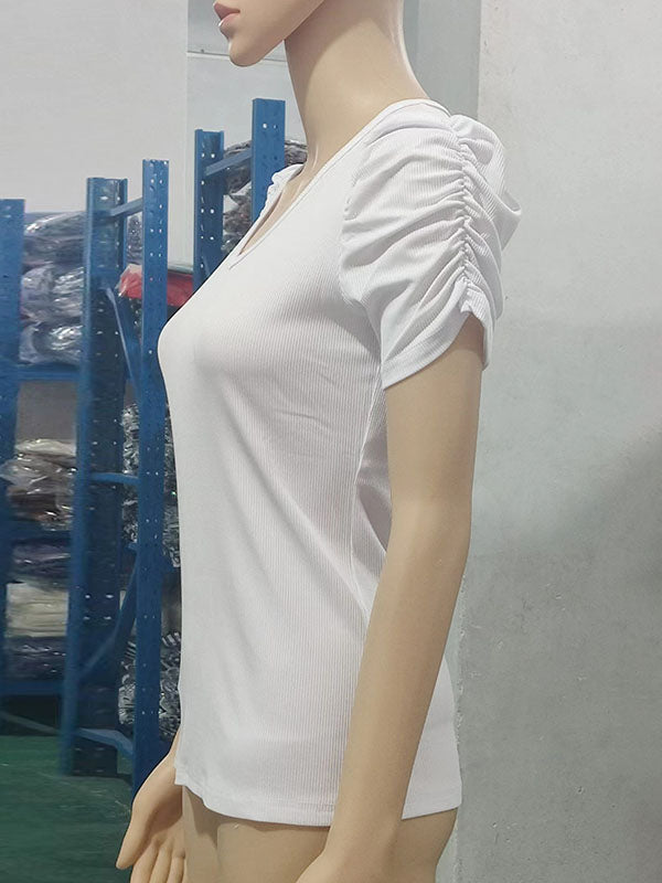 Solid Color Puff Sleeves Short Sleeves V-Neck T-Shirts