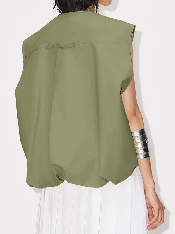 Pockets Split-Joint Zipper Loose Sleeveless Round-Neck Vest Outerwear