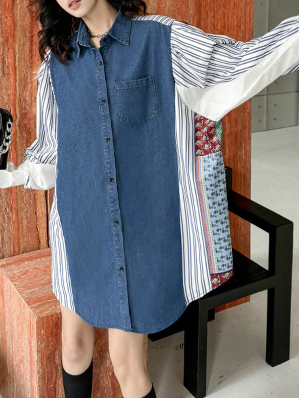 Buttoned Contrast Color Pockets Split-Joint Striped Long Sleeves Loose Lapel Blouses&Shirts Tops