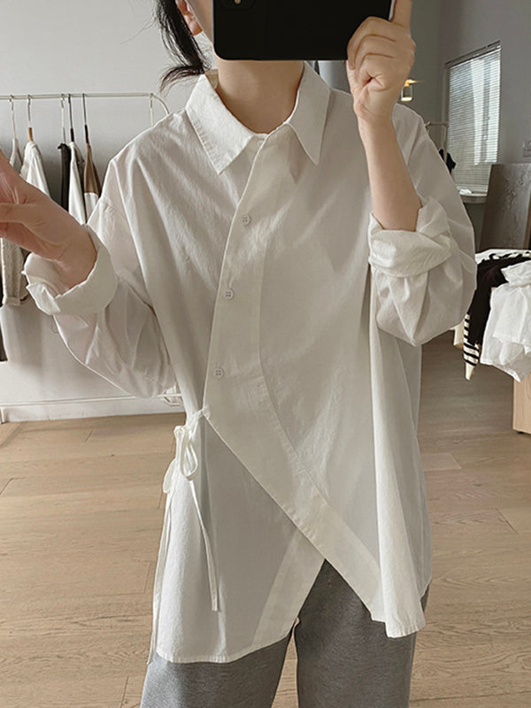 Lace-Up Solid Color Irregular Clipping Long Sleeves Lapel Blouses