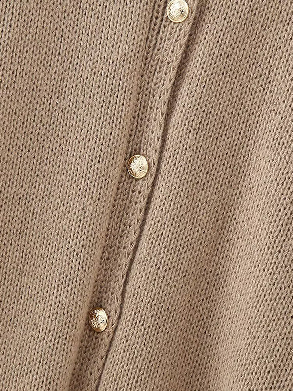 Buttoned Split-Joint Loose Puff Sleeves Round-neck Cardigan Tops