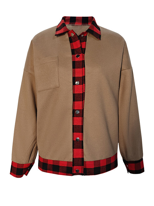 Buttoned Plaid Pockets Split-Joint Long Sleeves Loose Lapel Woolen Coat