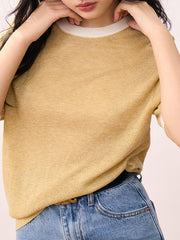 Contrast Color Loose Short Sleeves Round-Neck T-Shirts