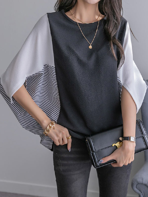 Contrast Color Split-Joint Batwing Sleeves Loose Round-Neck T-Shirts Tops