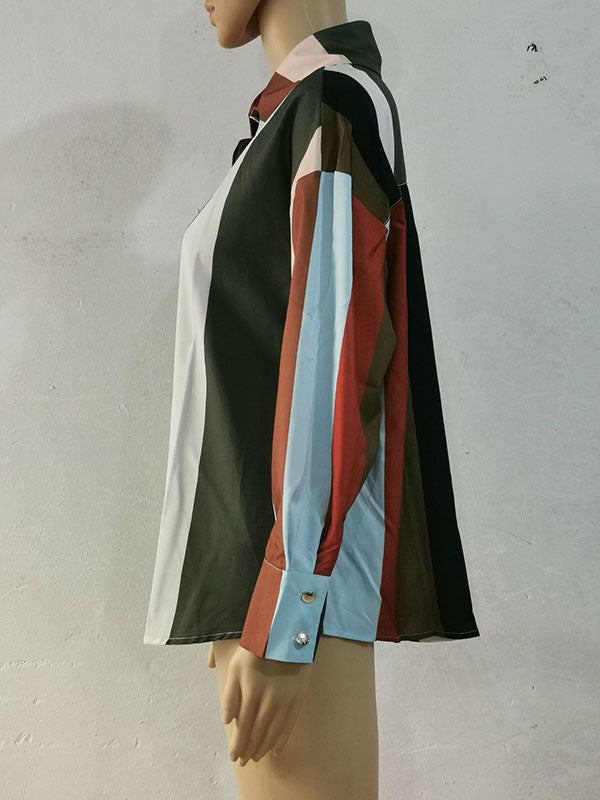 Contrast Color Printed Long Sleeves Loose Lapel Blouses