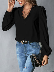 Ruffled Solid Color Long Sleeves Loose V-Neck Blouses&Shirts Tops
