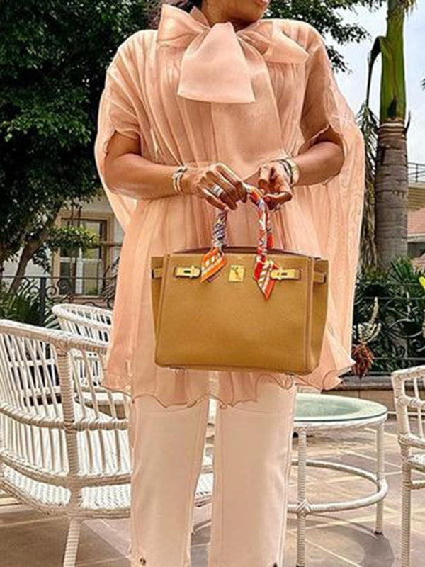 Gauze Lace-Up Pleated See-Through Solid Color Split-Joint Batwing Sleeves Loose Stand Collar Blouses&Shirts Tops
