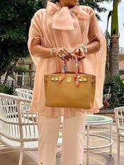 Gauze Lace-Up Pleated See-Through Solid Color Split-Joint Batwing Sleeves Loose Stand Collar Blouses&Shirts Tops